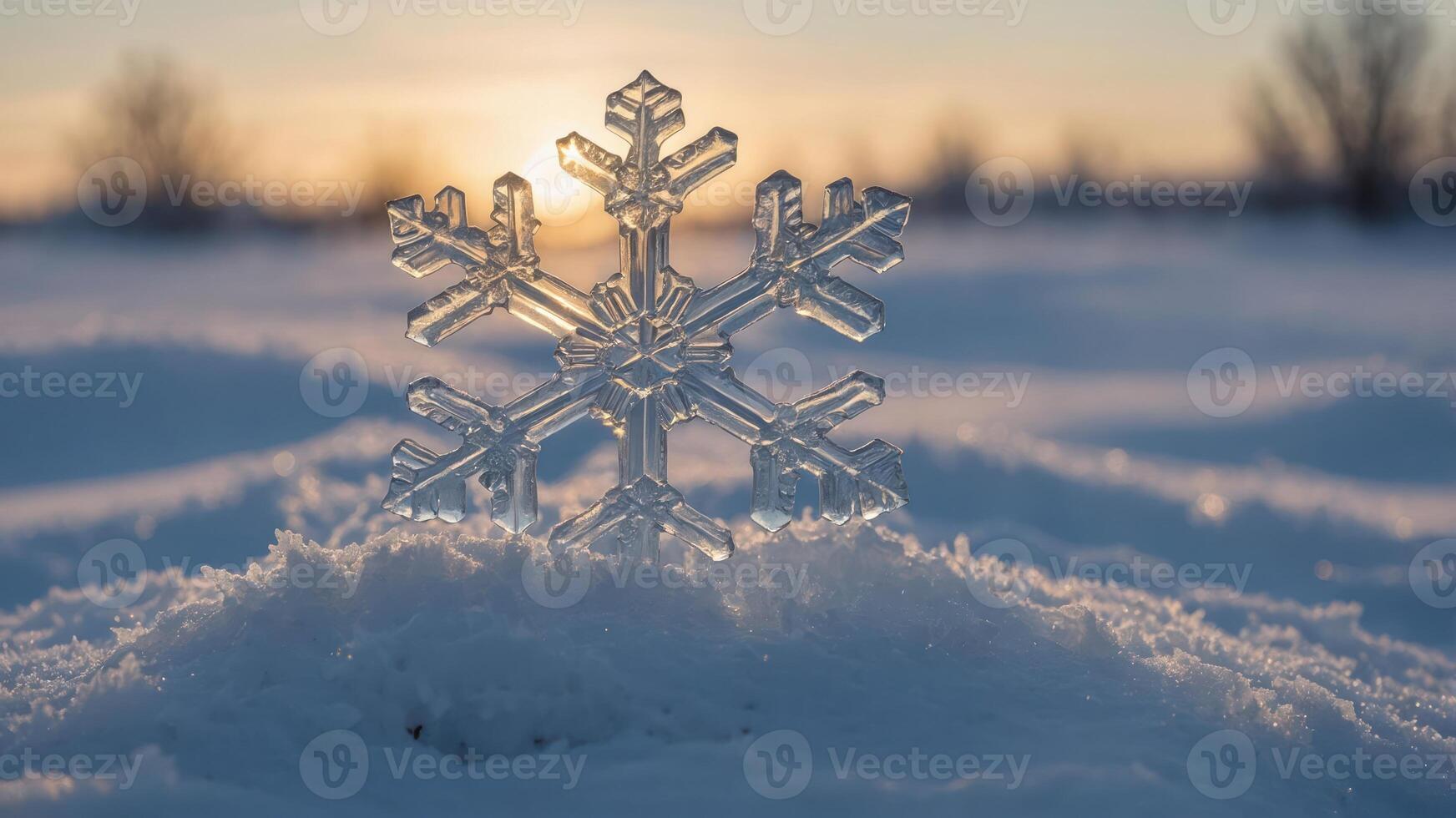 A crystal snowflake stands out against a snowy landscape at sunset. photo