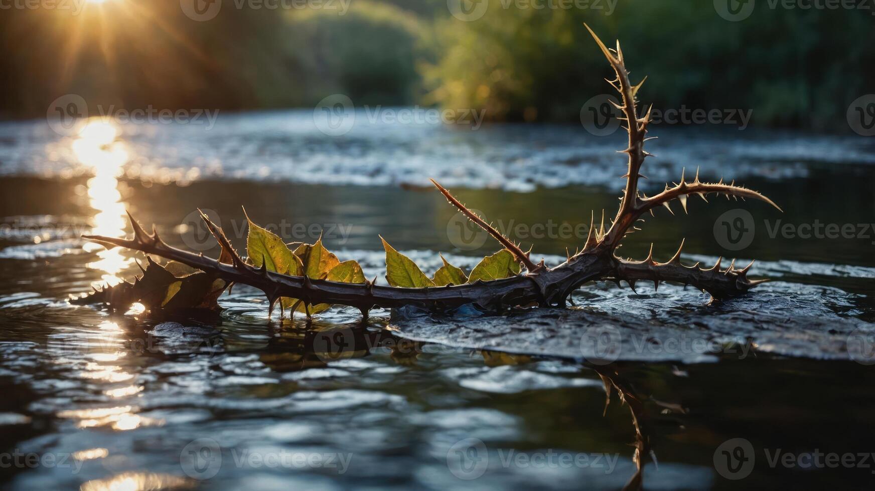 A close-up of a thorny branch with leaves floating on water, illuminated by sunlight. photo