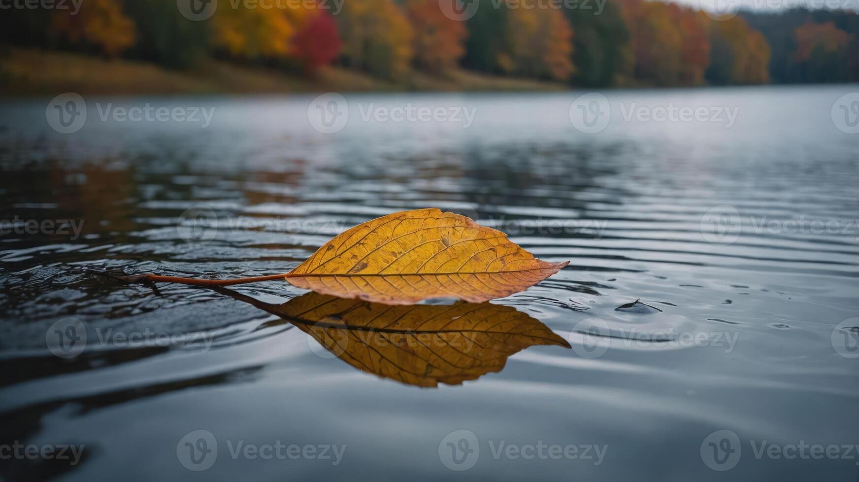 A close-up of a yellow leaf floating on water, reflecting autumn colors in the background. photo