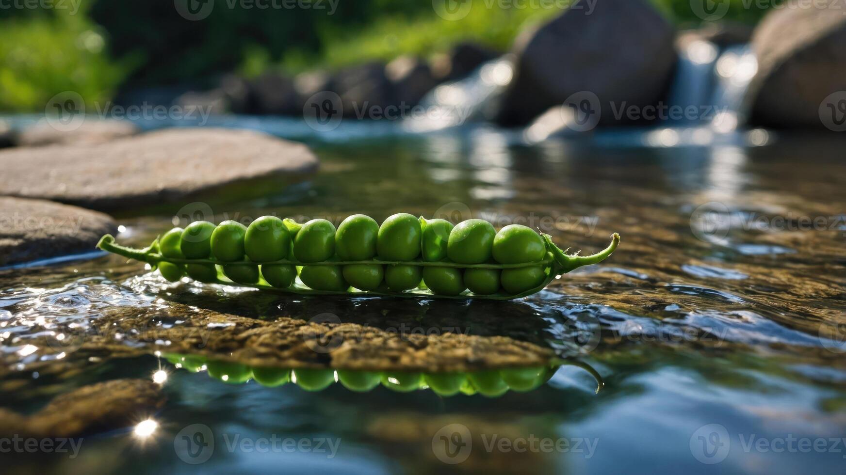 A pea pod floats gently on water, reflecting its vibrant green color amidst natural surroundings. photo