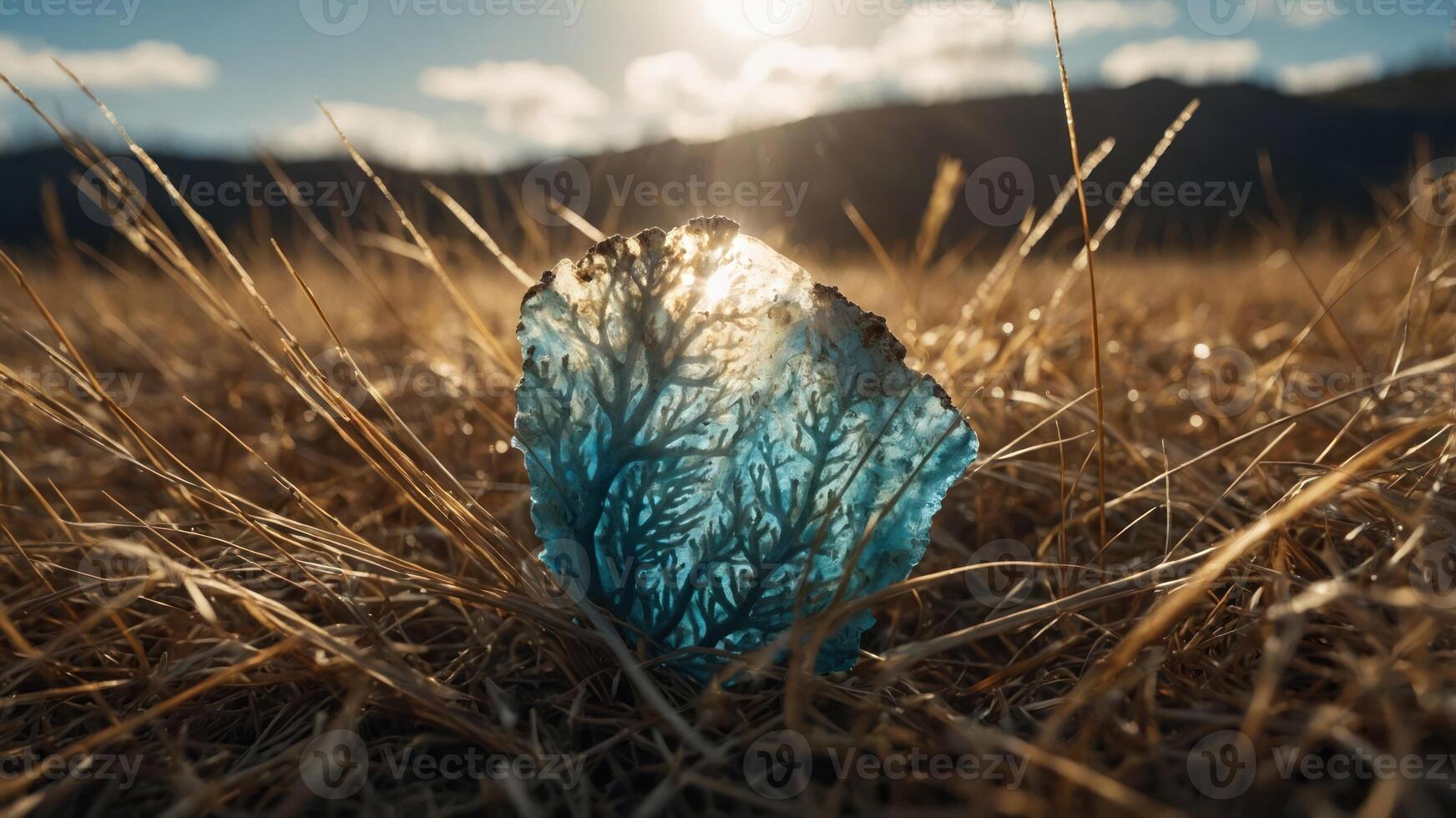 A translucent blue crystal with intricate patterns, illuminated by sunlight in a grassy field. photo