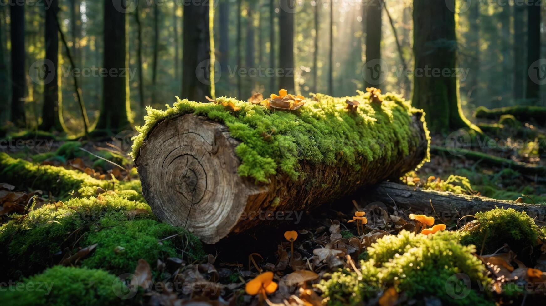 A serene forest scene featuring a moss-covered log surrounded by lush greenery and sunlight. photo