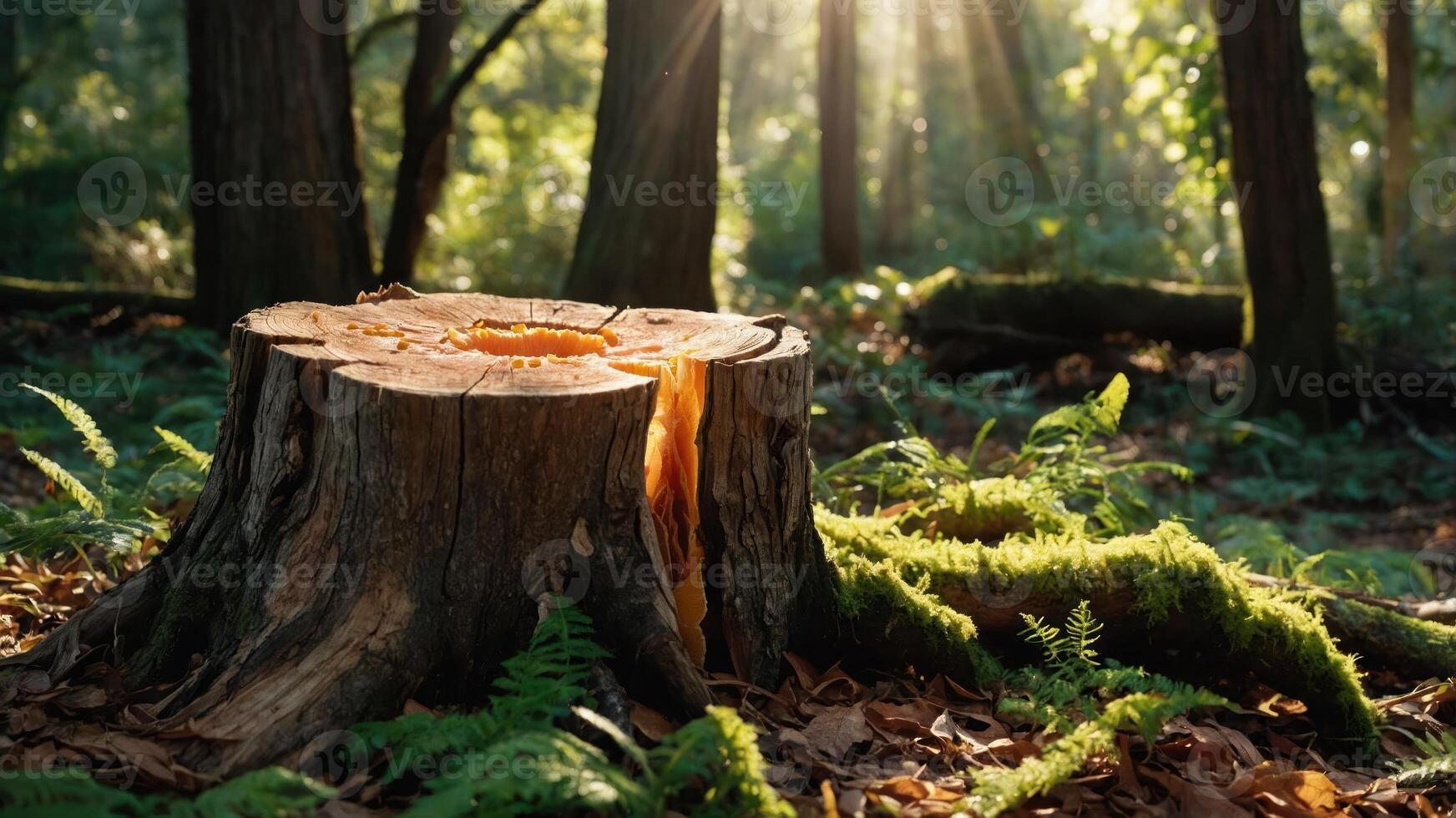 A sunlit forest scene featuring a tree stump surrounded by ferns and soft foliage. photo