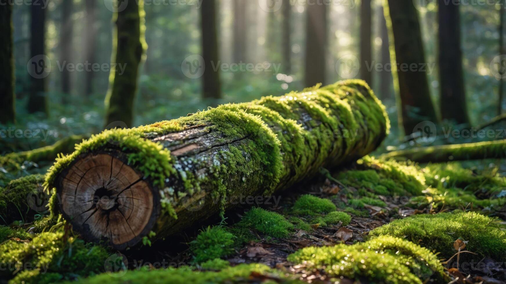 A moss-covered log in a serene forest, illuminated by soft sunlight filtering through trees. photo