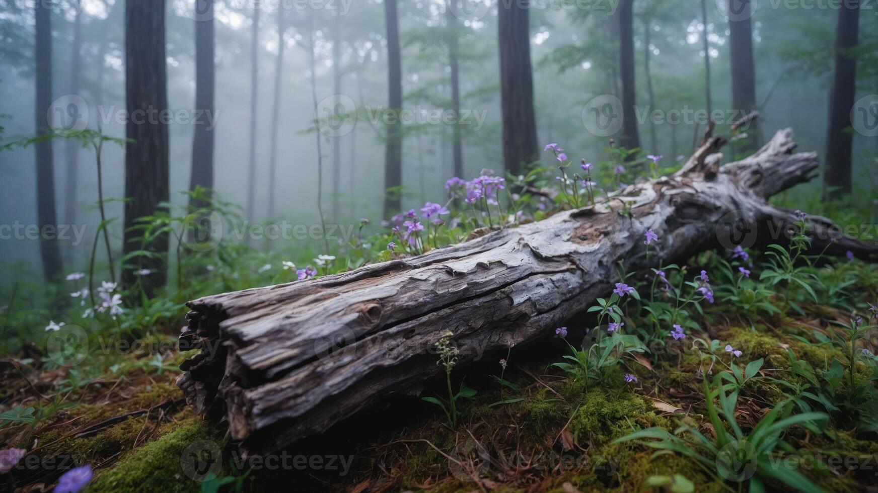 A serene forest scene with a fallen log surrounded by flowers and mist. photo