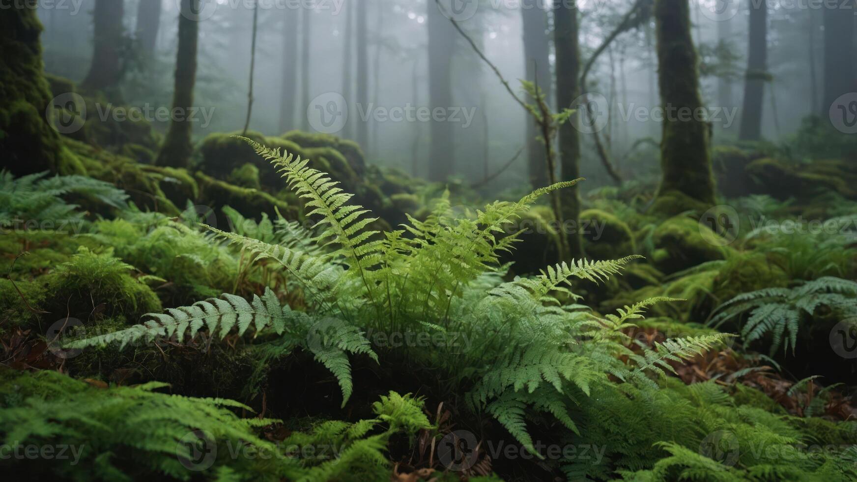 Lush green ferns surrounded by misty forest scenery, creating a serene natural atmosphere. photo