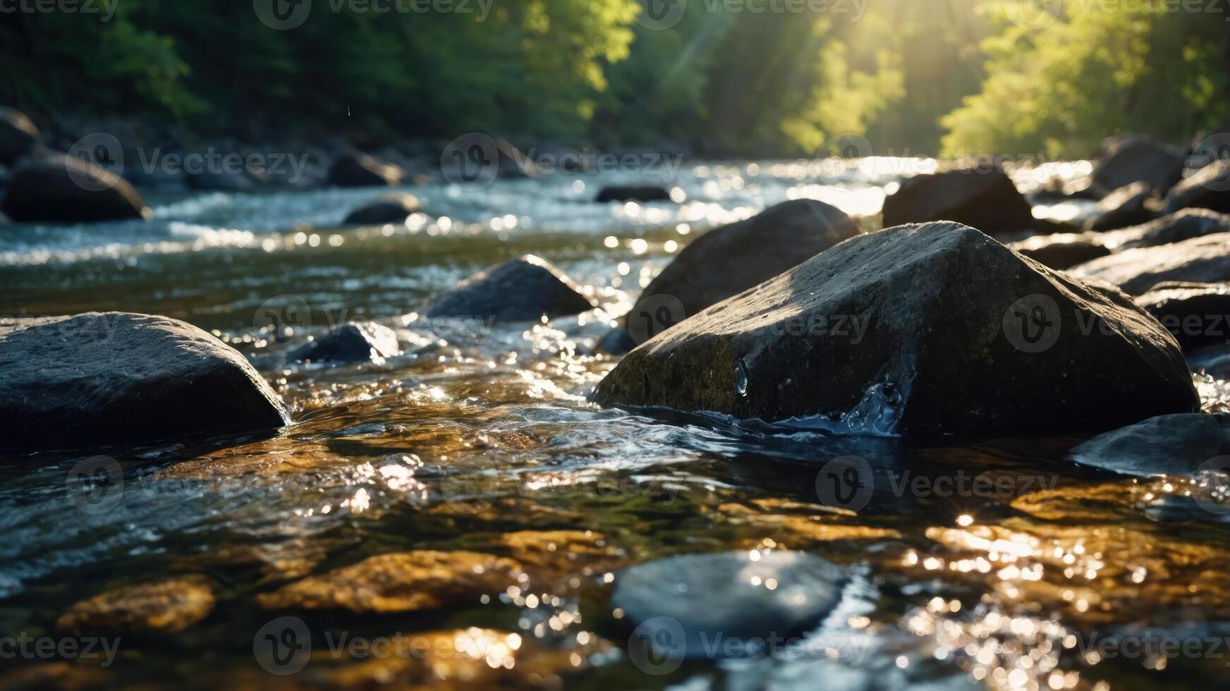 A serene river scene with smooth stones and sunlight filtering through trees. photo