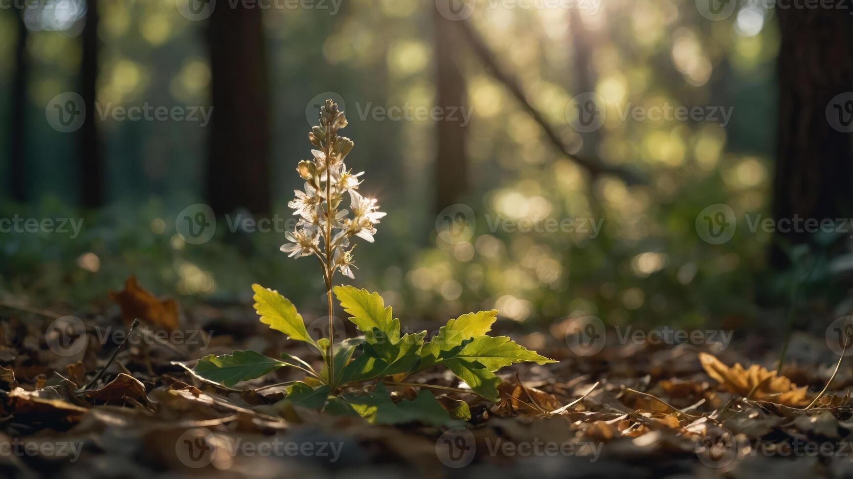 A delicate flower stands out against a blurred forest backdrop, illuminated by soft sunlight. photo