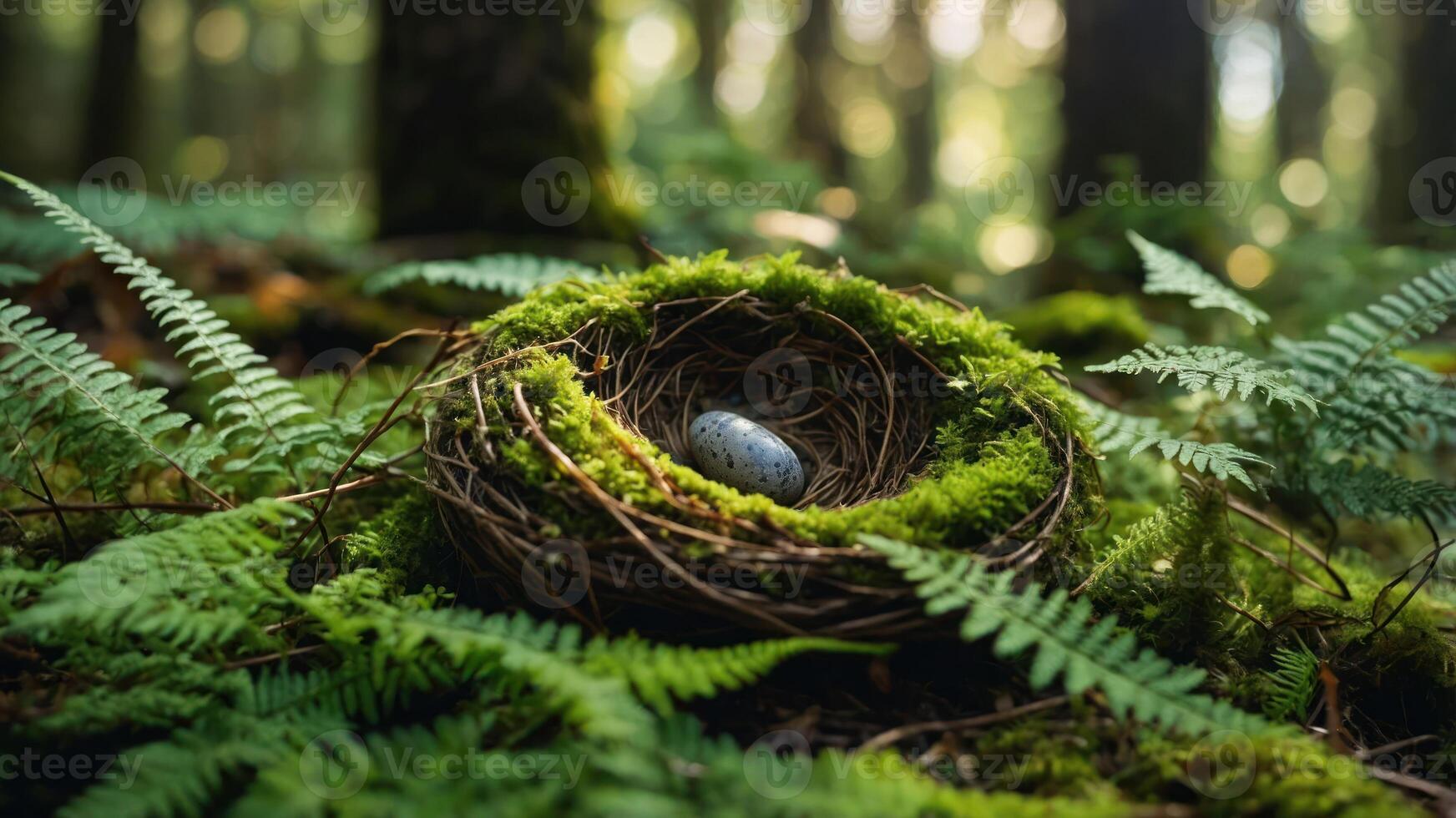 A serene bird's nest with a single stone, surrounded by lush ferns in a forest setting. photo