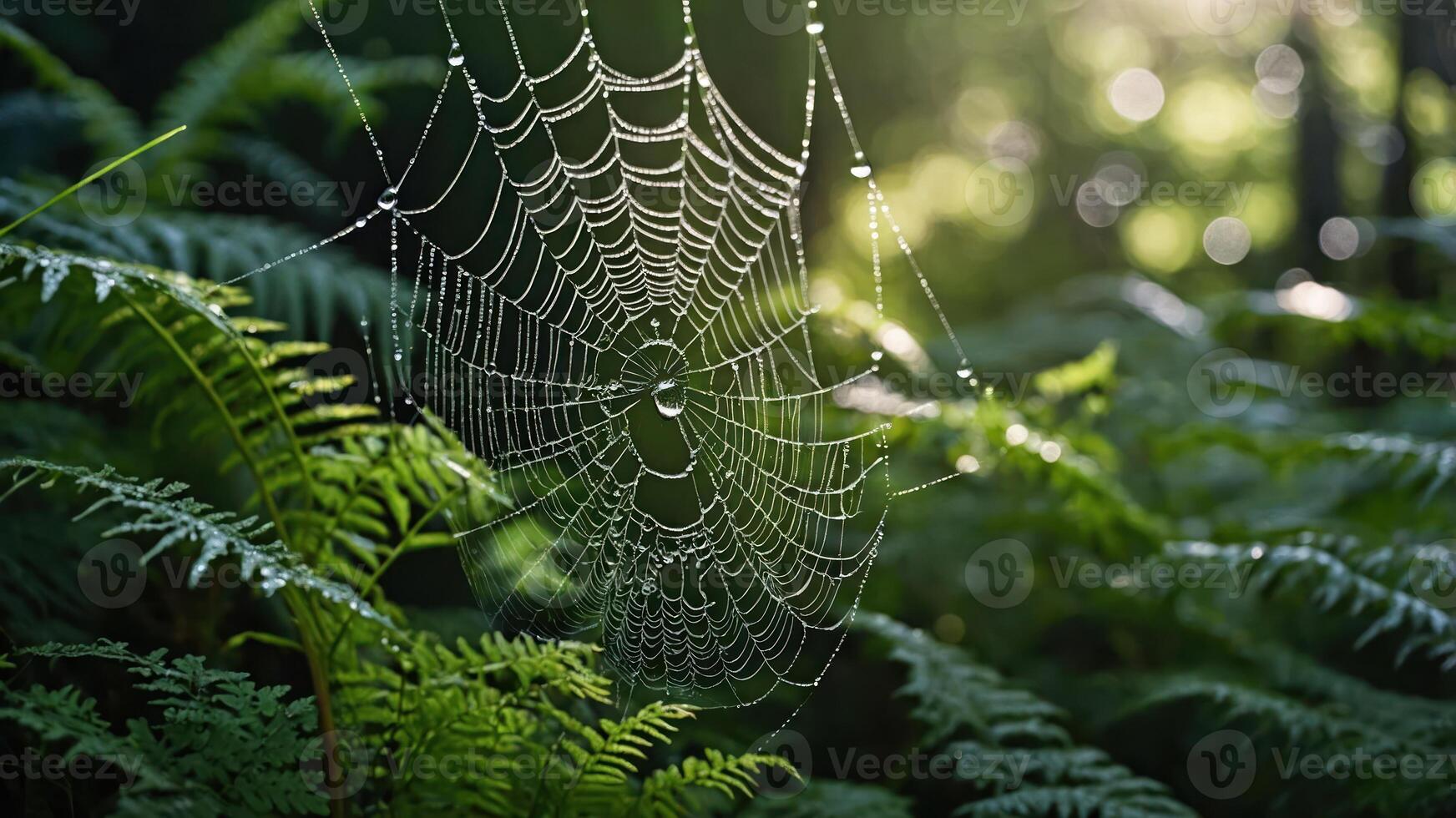 A close-up of a spider web adorned with dew drops among lush green ferns in a forest. photo