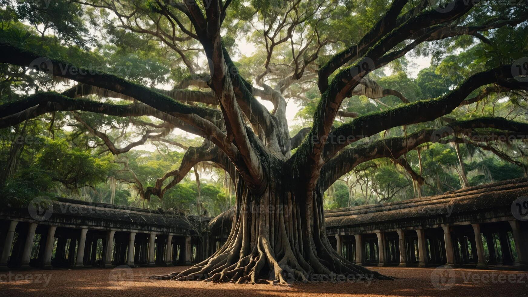 A majestic tree dominates a serene temple courtyard, surrounded by lush greenery. photo