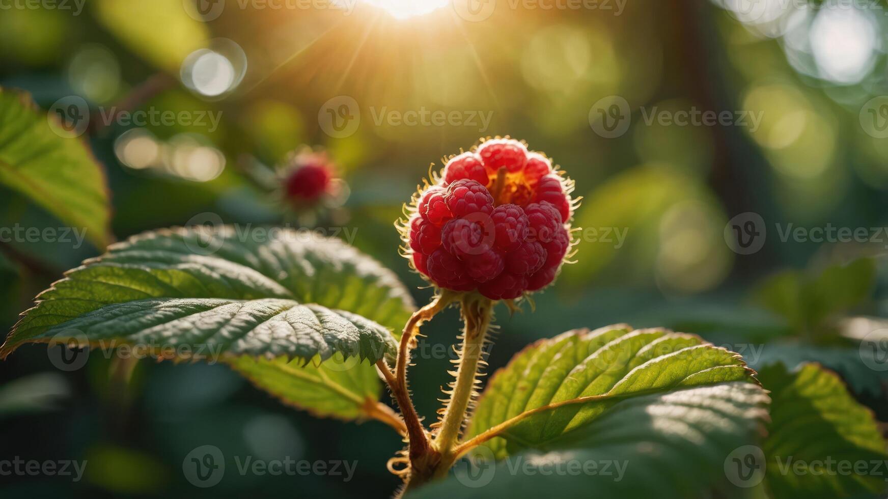 A close-up of a ripe raspberry on a plant, illuminated by sunlight. photo
