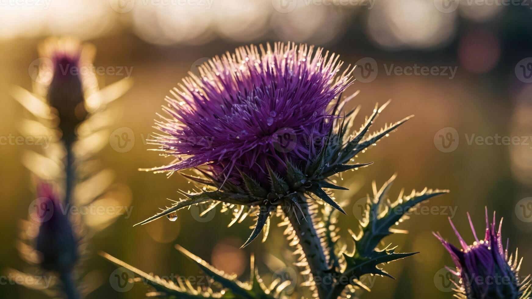 A close-up of a vibrant thistle flower bathed in warm sunlight. photo