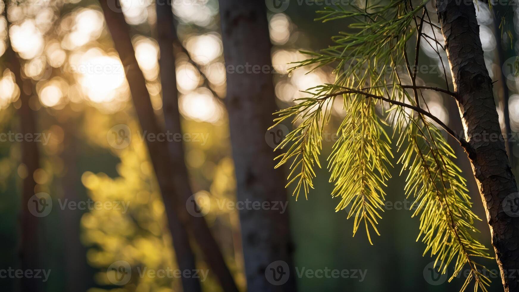 A serene forest scene with sunlight filtering through trees and highlighting green foliage. photo
