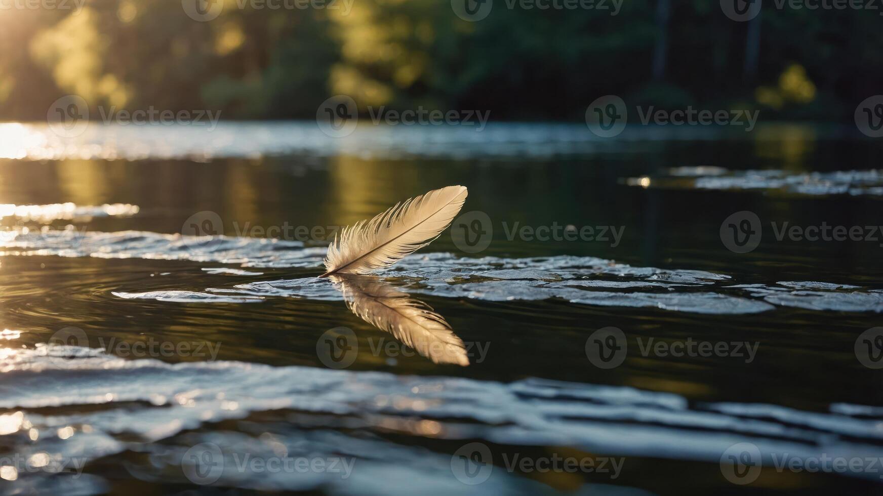 A feather floats gently on the surface of a serene water body, reflecting soft sunlight. photo