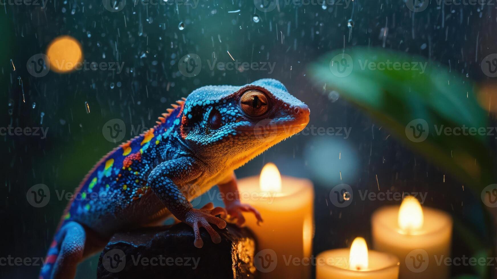 A vibrant lizard perched on a rock, illuminated by candles in a rain-soaked environment. photo