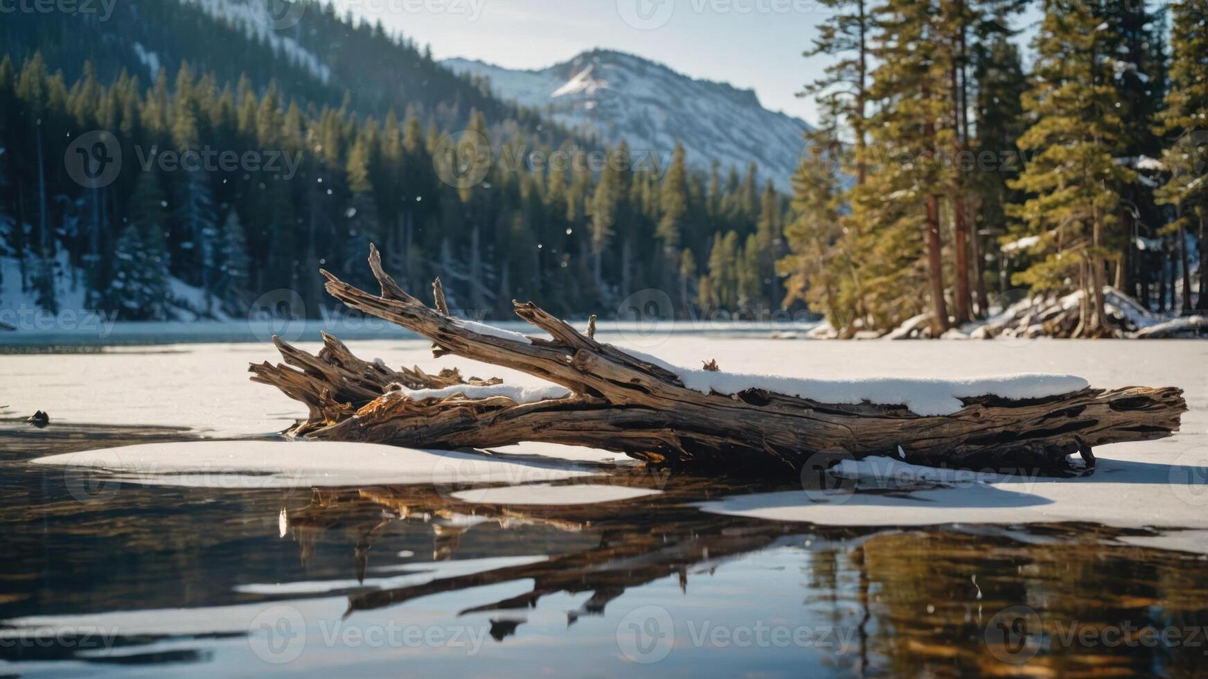 A serene winter landscape featuring a log on a snowy lakeshore with trees and mountains in the background. photo
