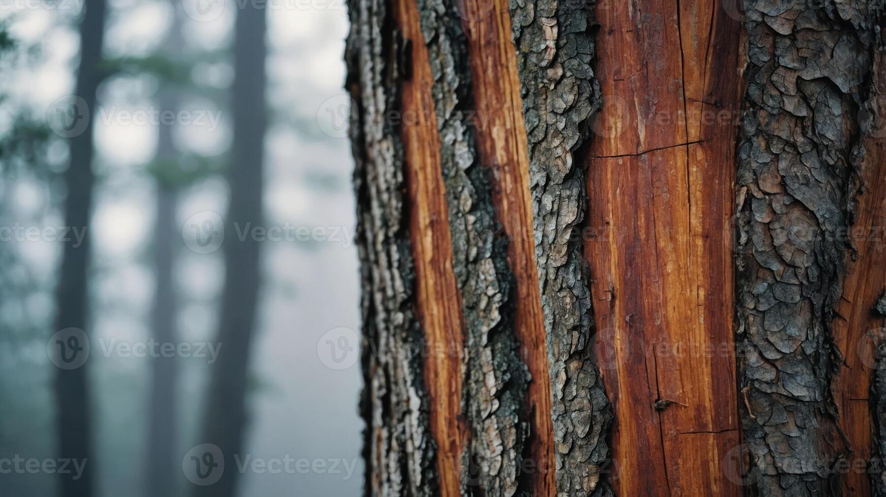 Close-up of a tree trunk with textured bark in a foggy forest setting. photo