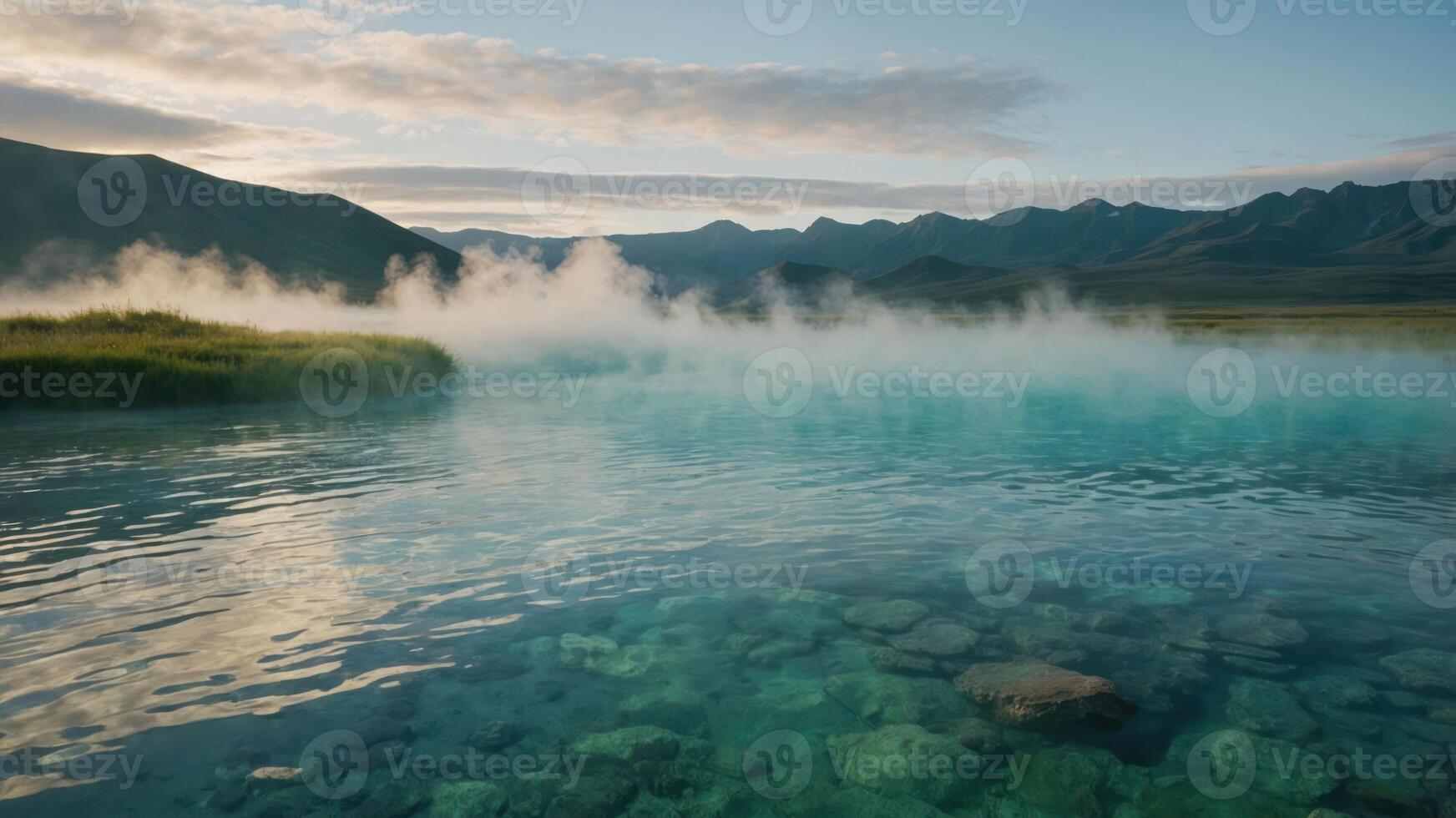 A serene landscape featuring a steaming hot spring surrounded by mountains and clear water. photo