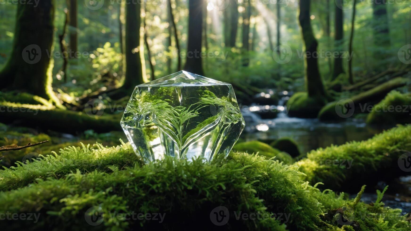A crystal structure sits on moss in a serene forest, reflecting nature's beauty. photo