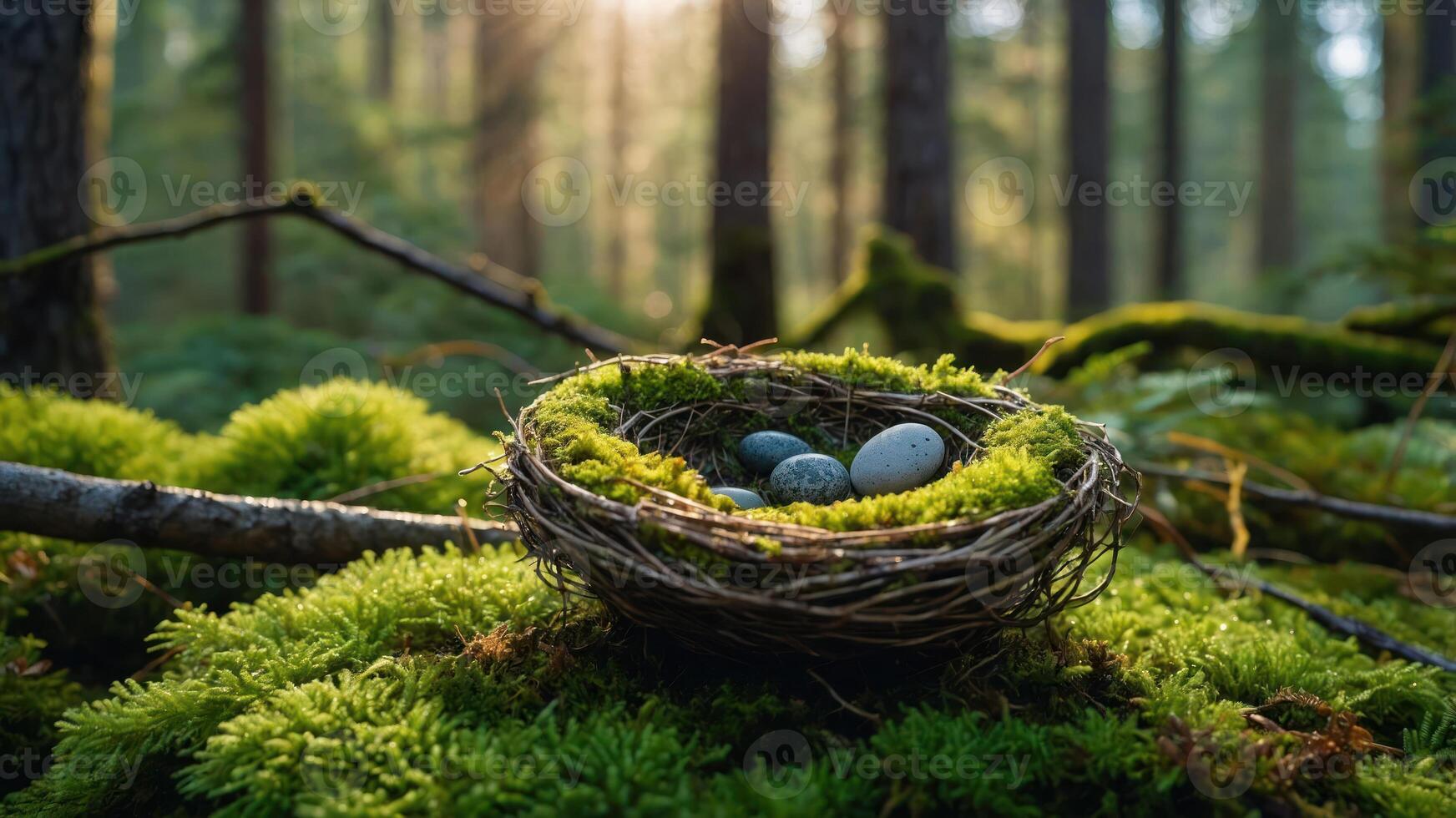 A bird's nest with eggs nestled in mossy forest surroundings, illuminated by soft sunlight. photo