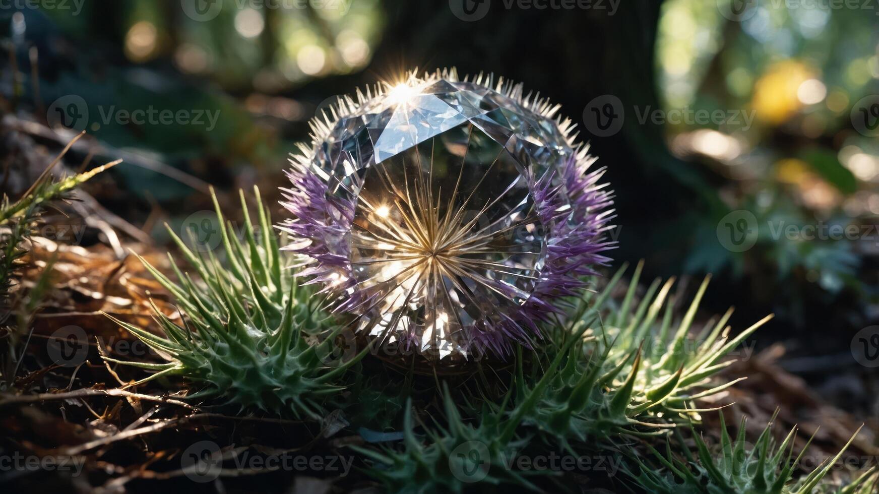 A sparkling crystal orb rests on green grass, illuminated by sunlight in a forest setting. photo