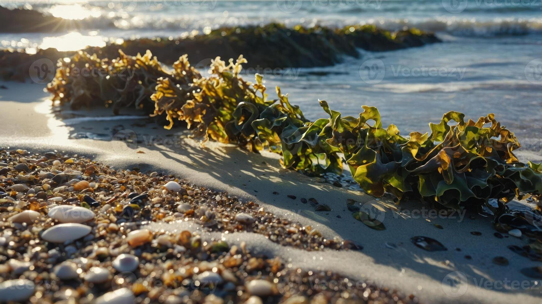 Seaweed on a sandy beach with pebbles and gentle waves in the background. photo
