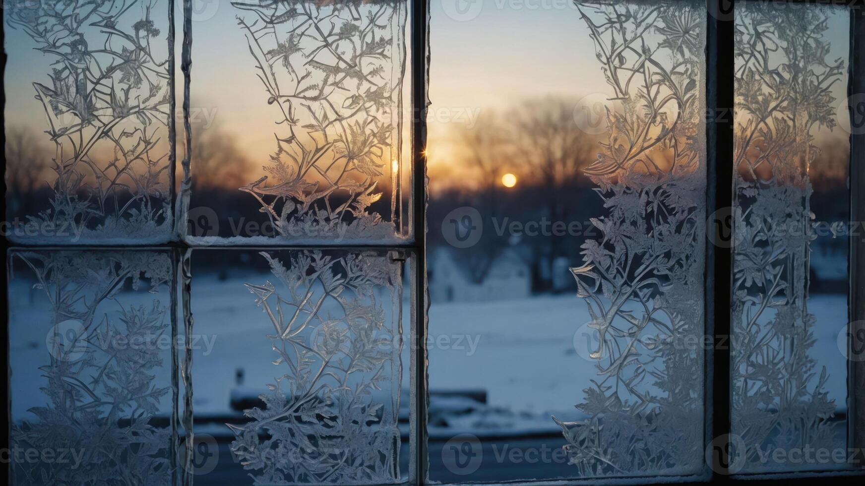 Frosted window view at sunset with snow-covered landscape. photo