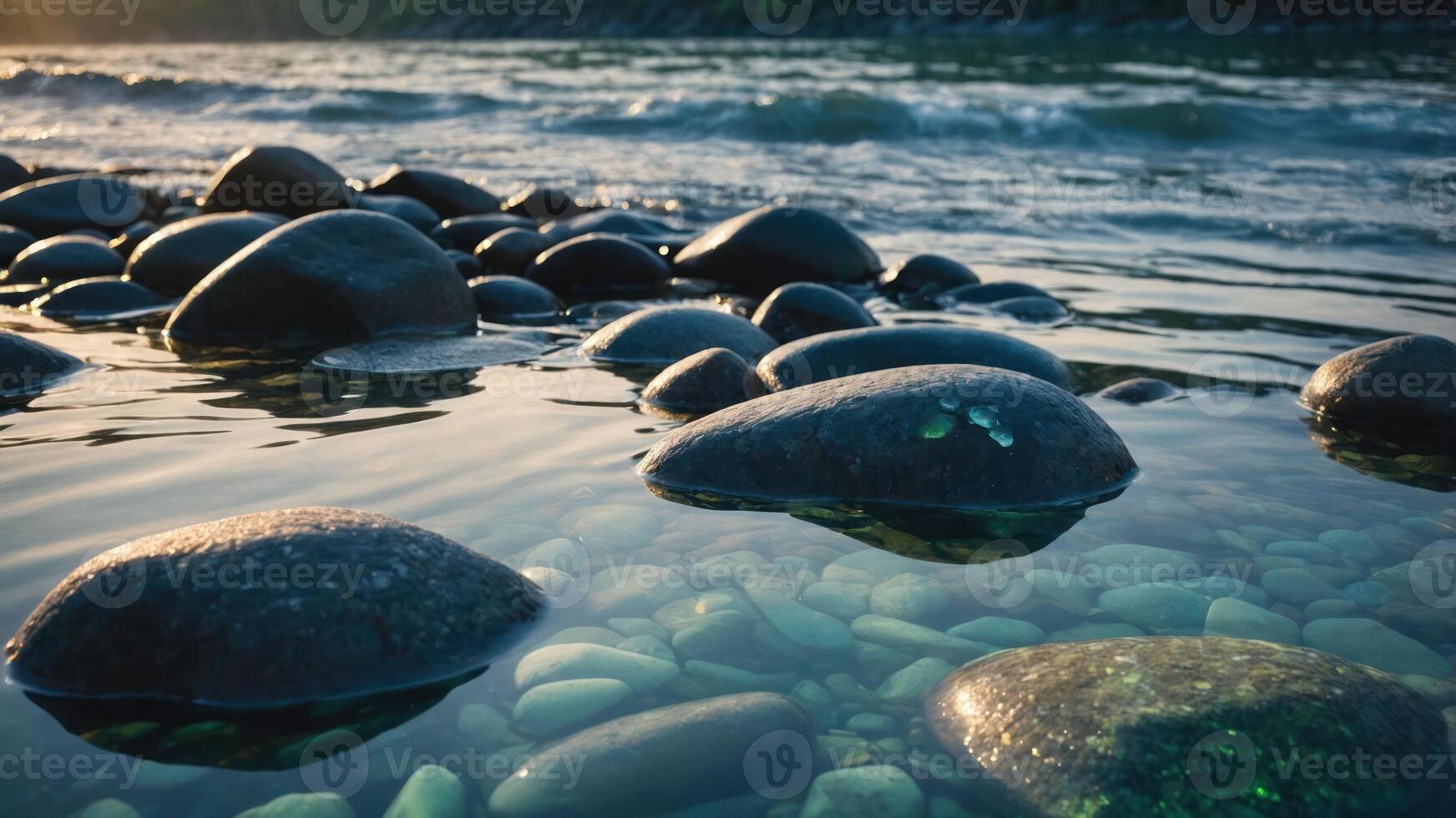 A serene view of smooth stones partially submerged in calm water, reflecting soft light. photo