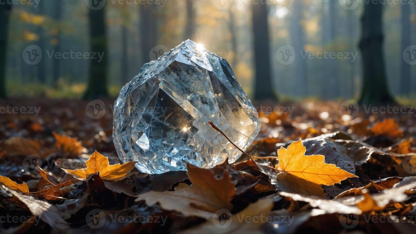 A large, clear crystal rests on autumn leaves in a serene forest setting. photo