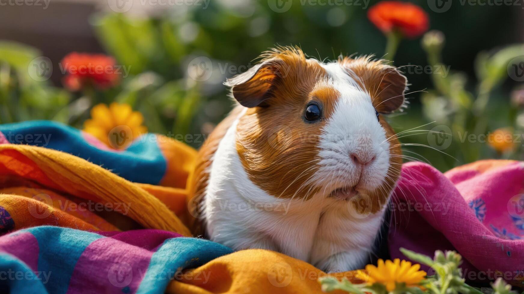 A guinea pig resting on colorful fabrics amidst blooming flowers. photo