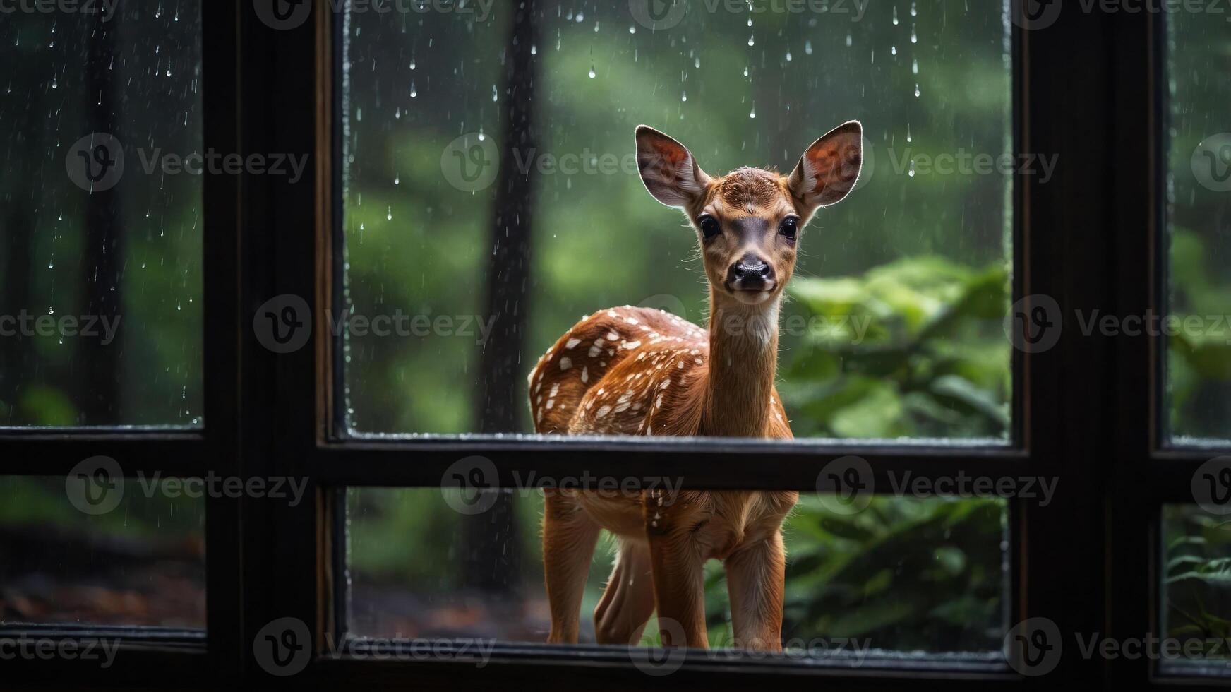 A fawn stands outside a window, rain falling, creating a serene and contemplative scene. photo