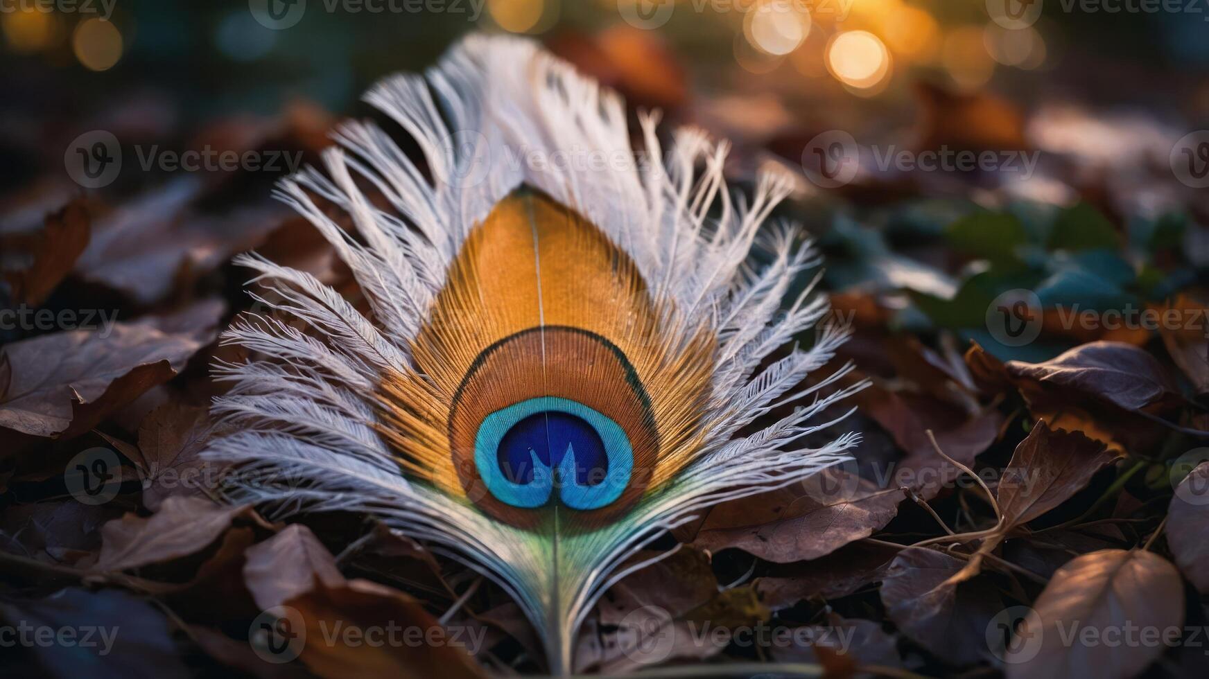A vibrant peacock feather resting on autumn leaves, showcasing nature's beauty. photo