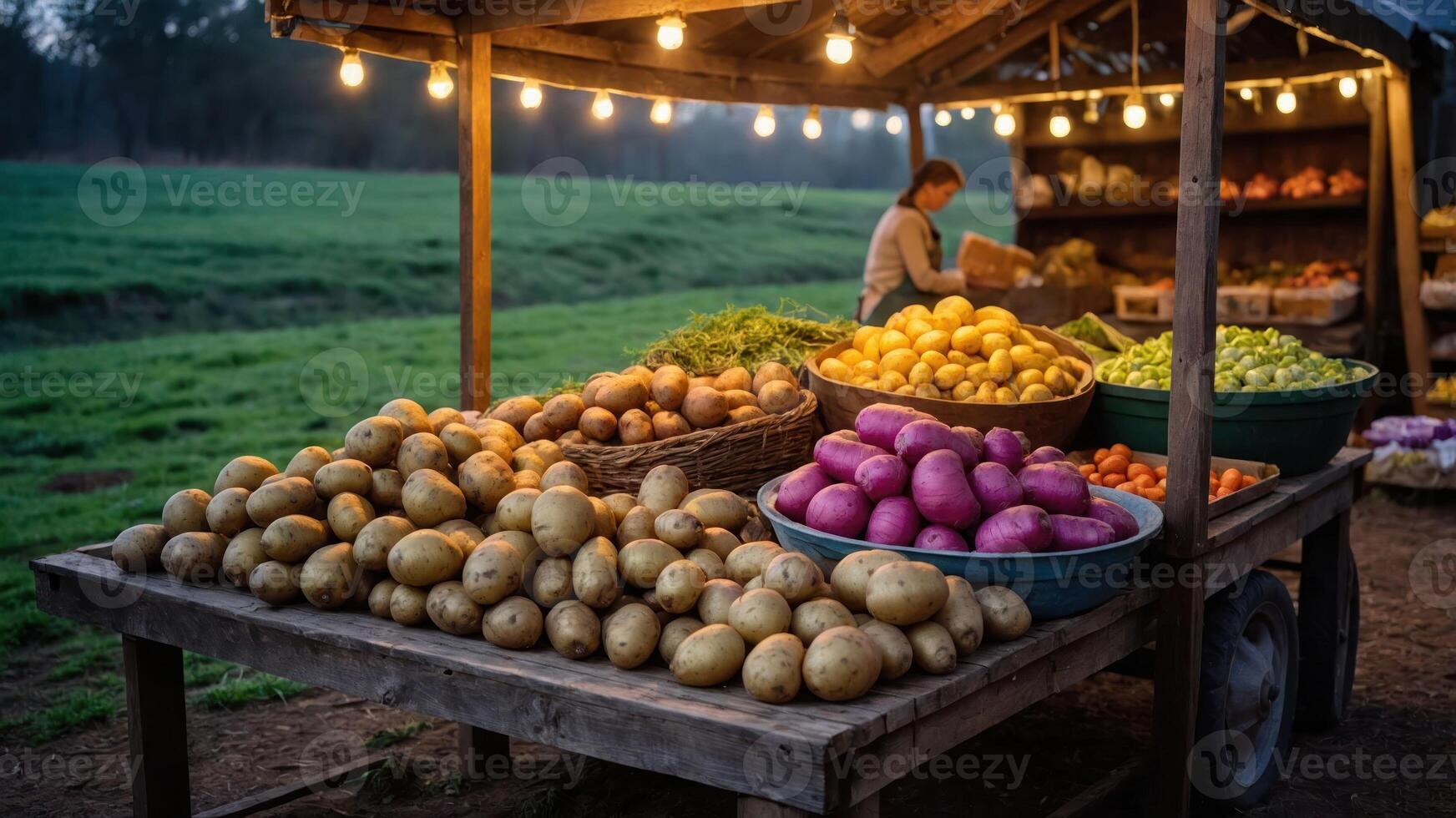 A vibrant farmers' market stand filled with various fresh vegetables and fruits. photo