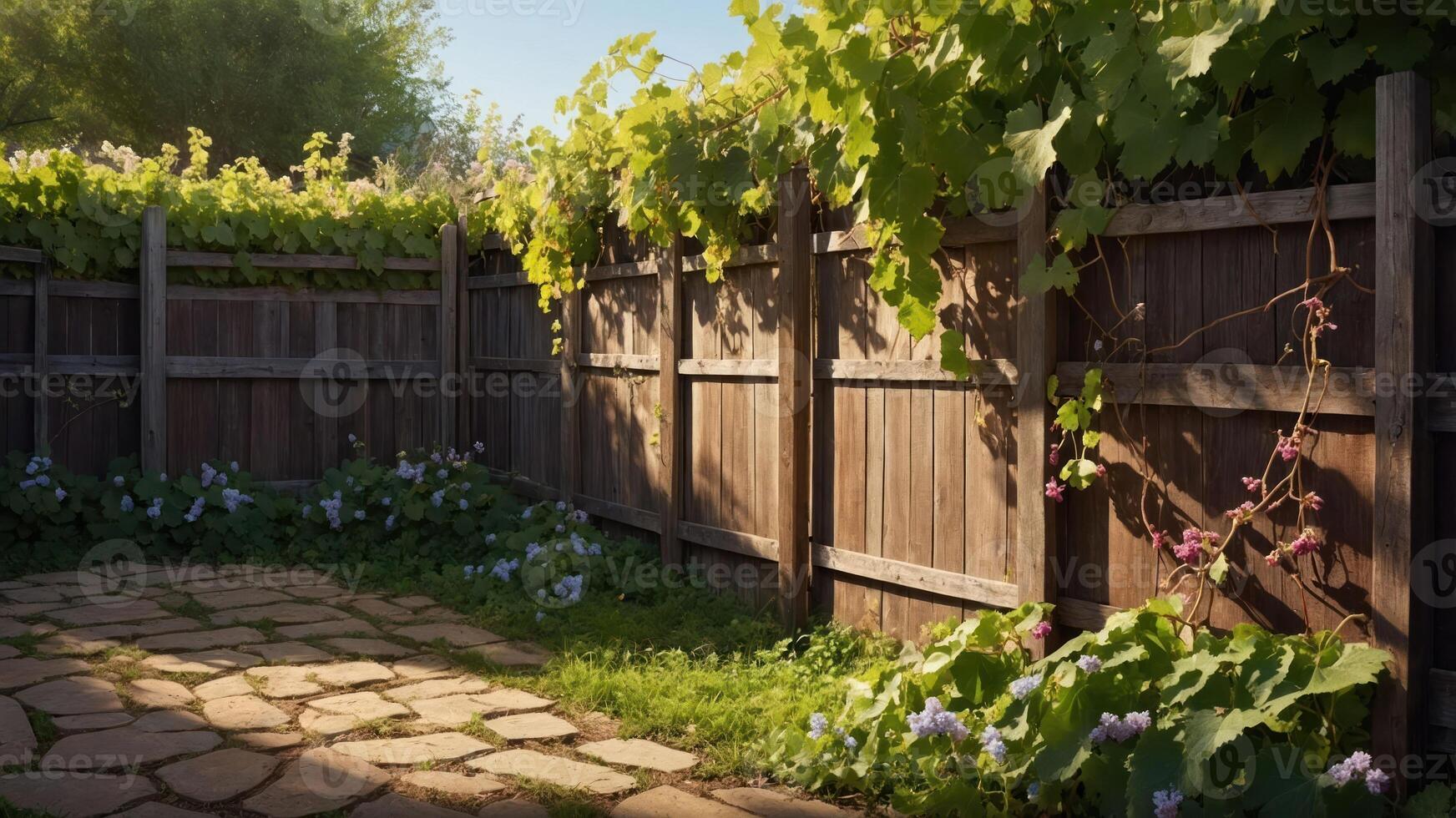 A serene garden scene with a stone path, wooden fence, and lush greenery. photo