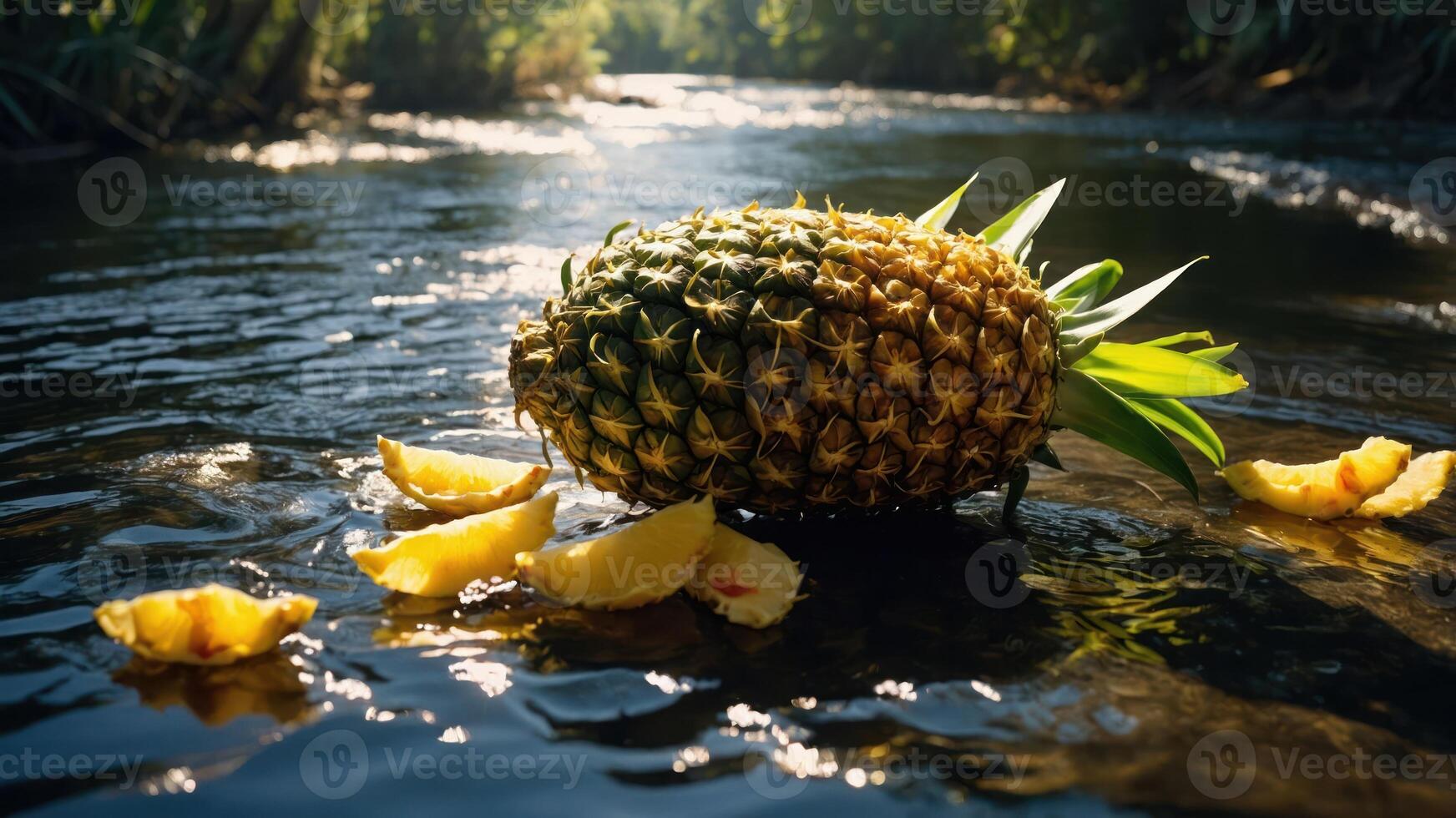 A pineapple rests on the water's surface, surrounded by its discarded pieces. photo