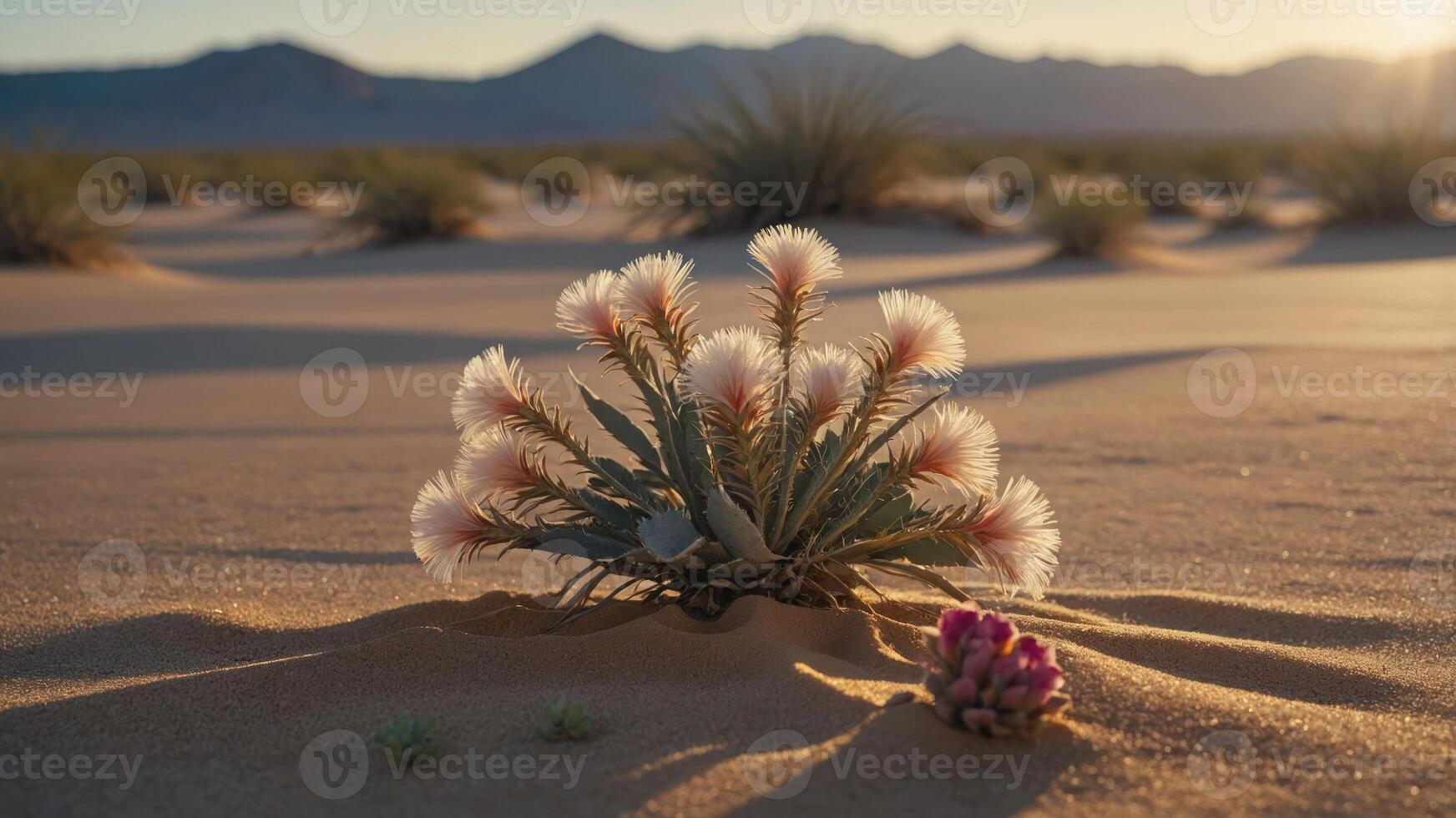 A desert scene featuring blooming cacti amidst sandy dunes and distant mountains. photo