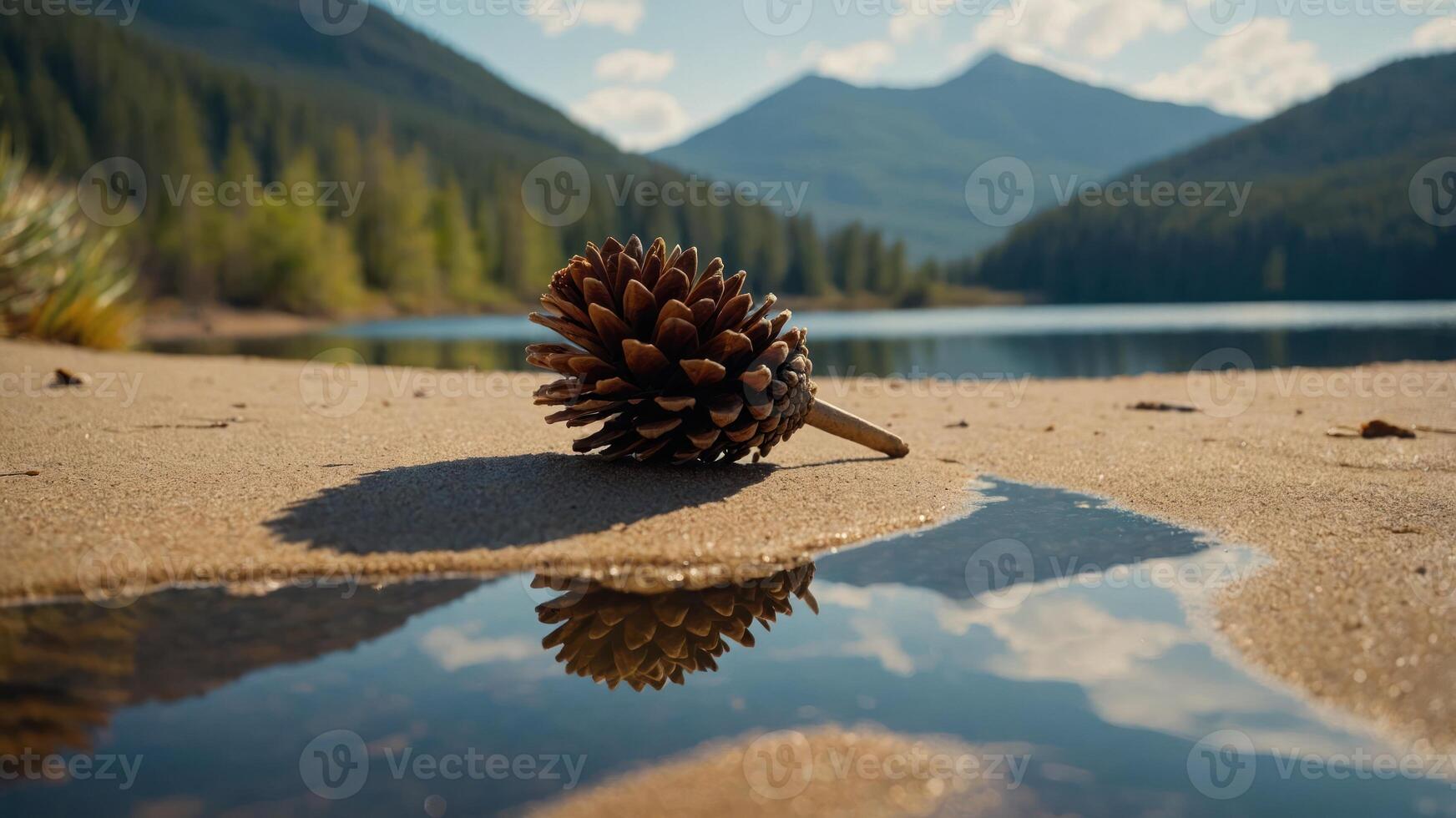 A pine cone rests on sandy shore, reflecting in calm water with mountains in the background. photo