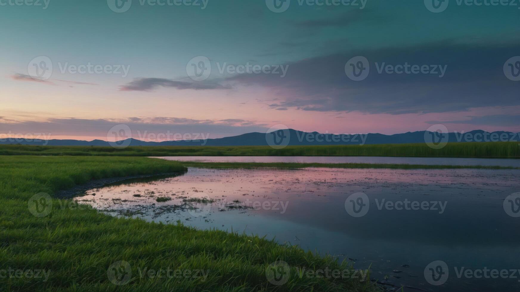 Serene landscape at dusk with water, grass, and mountains under a colorful sky. photo