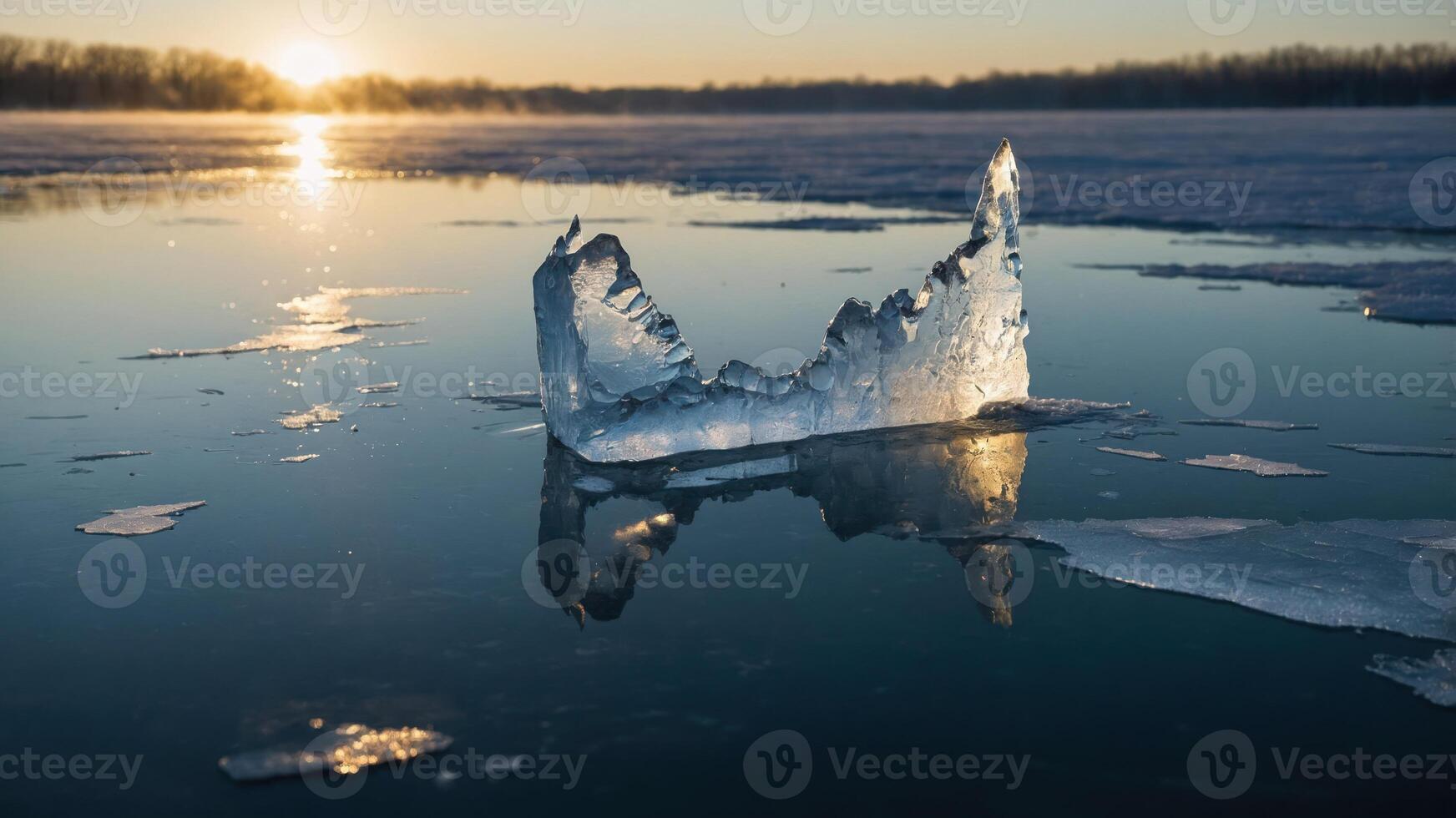 A serene winter landscape featuring ice on water at sunset. photo