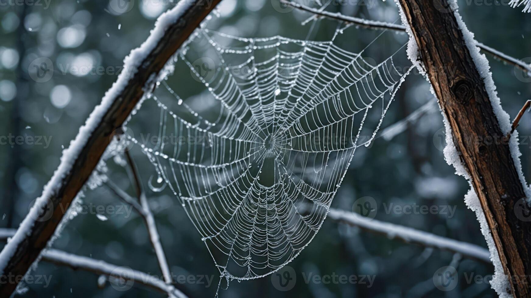 A spider web covered in dew, suspended between branches in a serene forest setting. photo