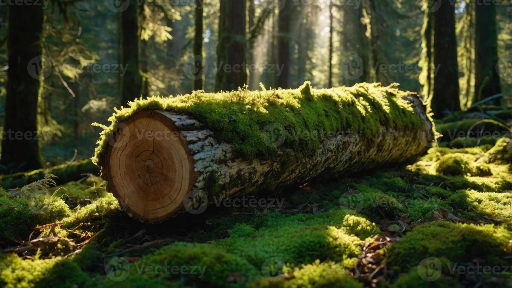 A moss-covered log in a sunlit forest, showcasing nature's tranquility and beauty. photo