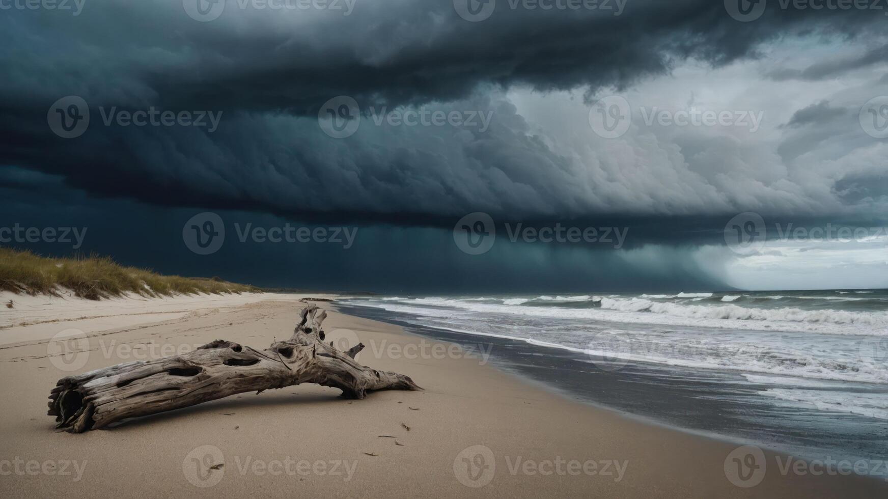 A dramatic beach scene with dark storm clouds, a washed-up log, and gentle ocean waves. photo
