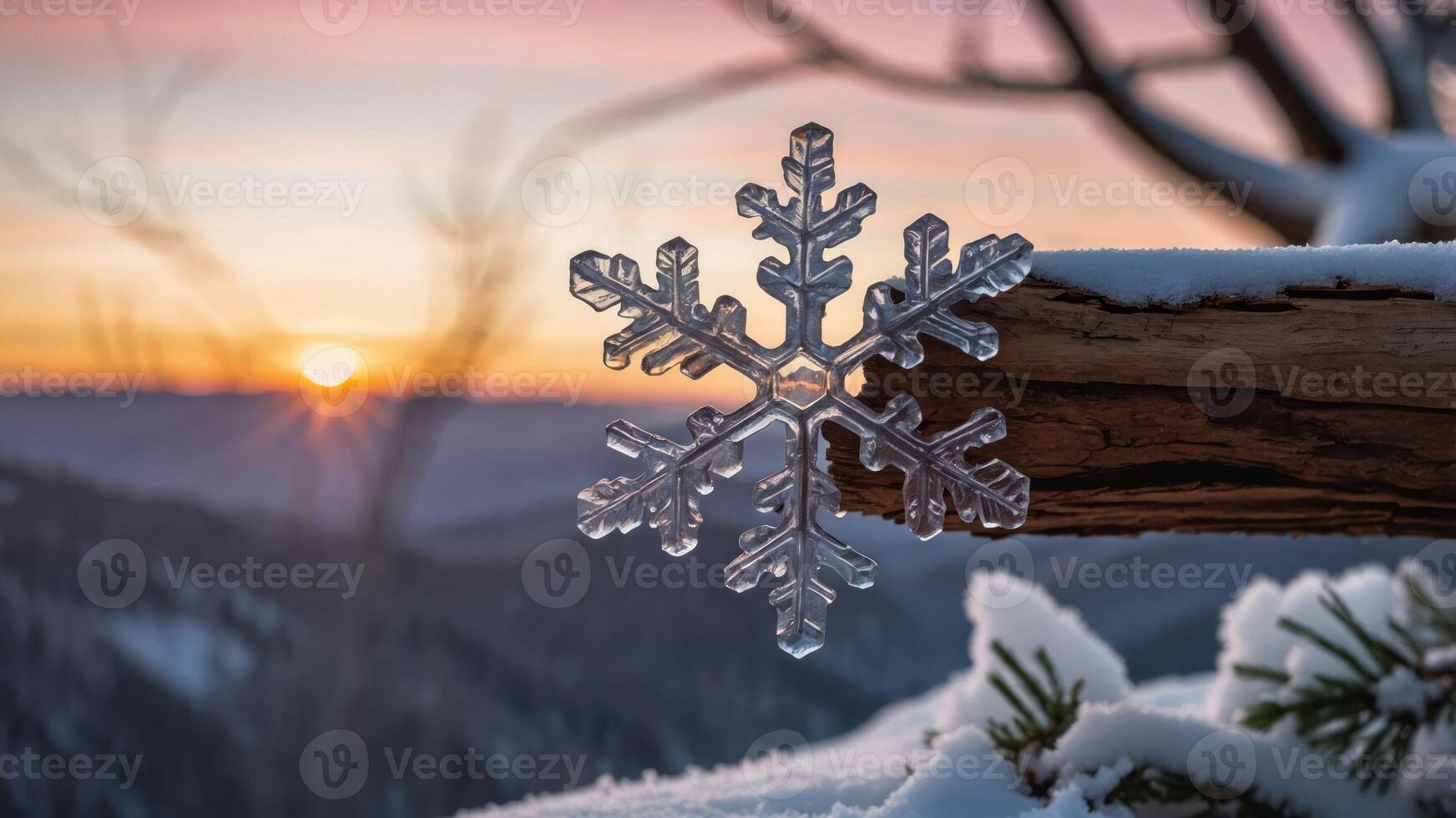 A snowflake ornament hangs from a log as a sunset paints the sky in warm colors. photo