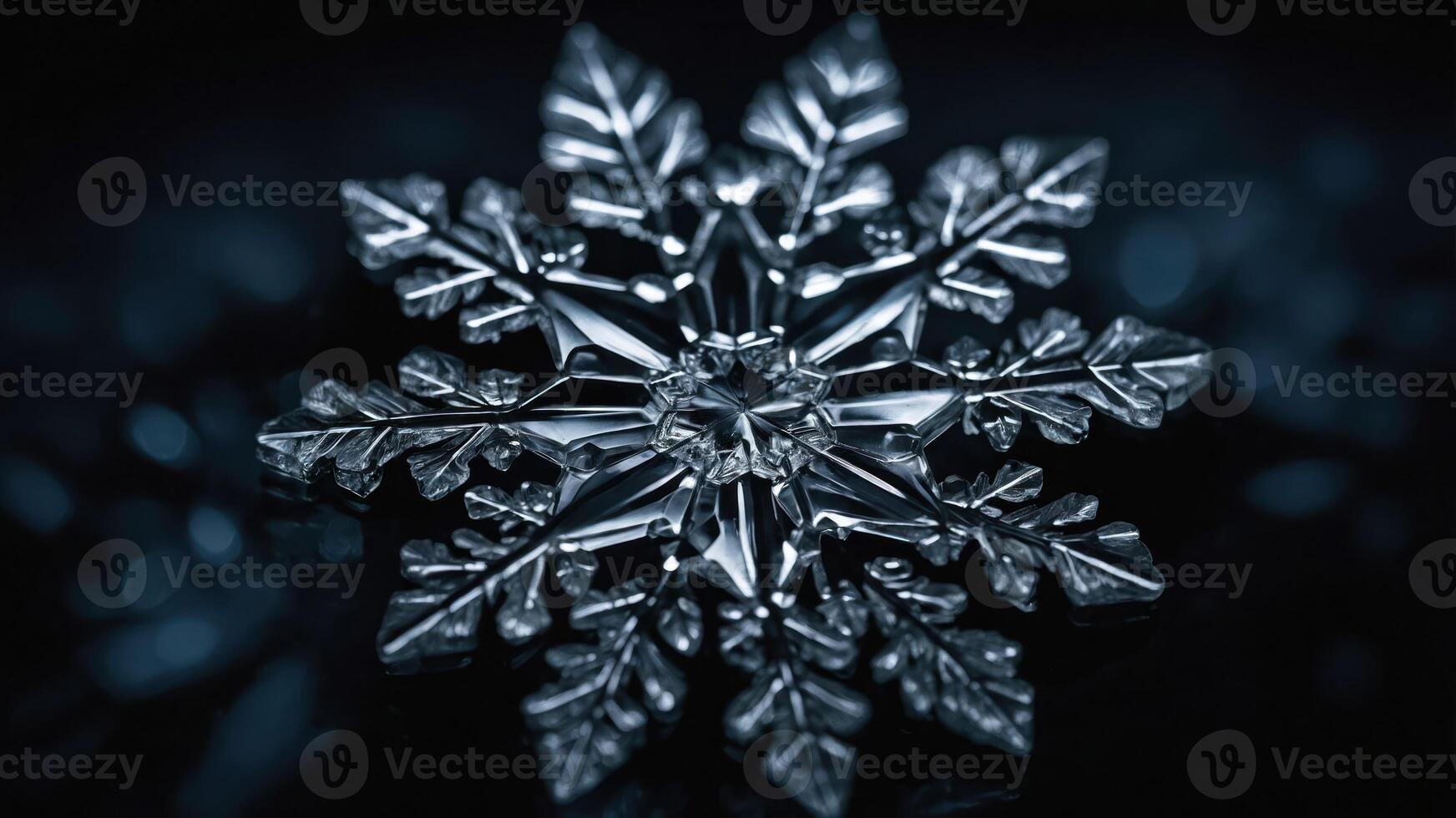 A close-up of a detailed snowflake against a dark background, showcasing its intricate structure. photo