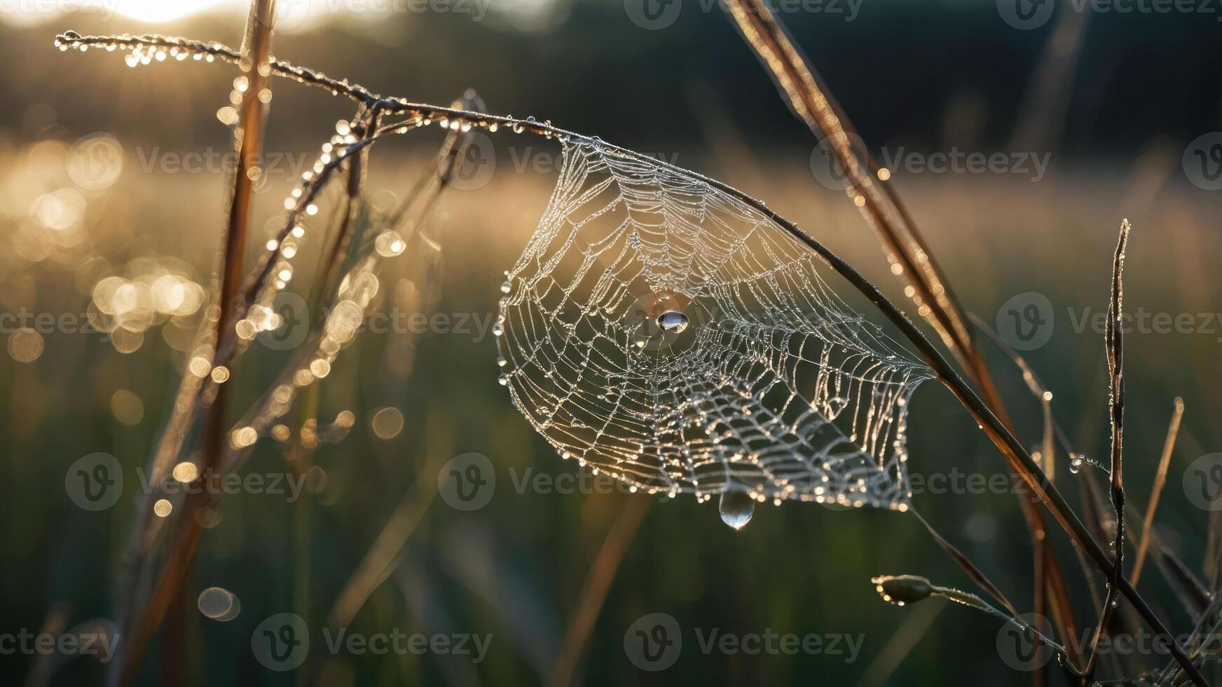 A close-up of a dew-covered spider web on grass, illuminated by soft morning light. photo