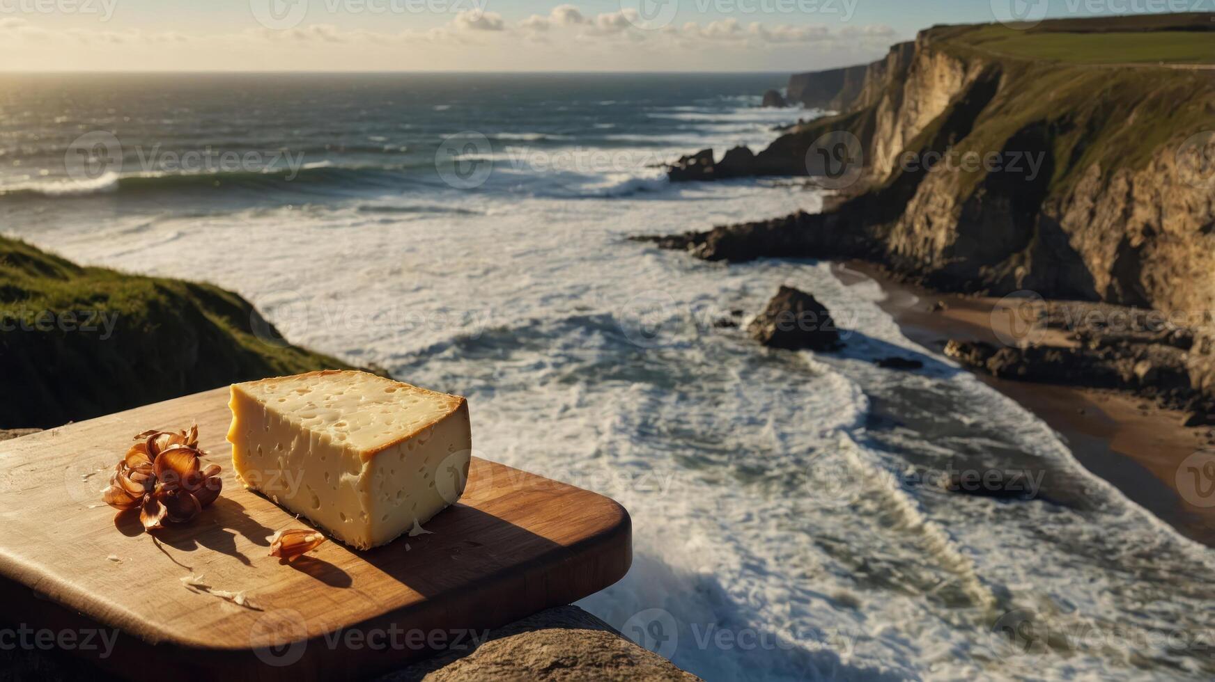 A scenic view of a coastal landscape with a cheese block on a wooden board. photo