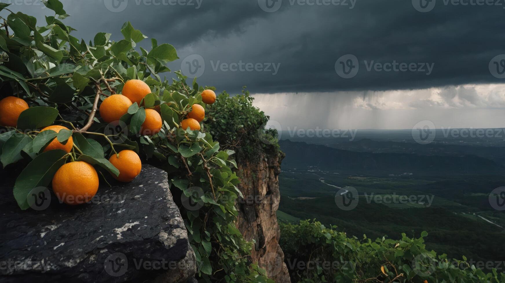 Oranges on a rocky ledge with a stormy sky and distant rain in the background. photo