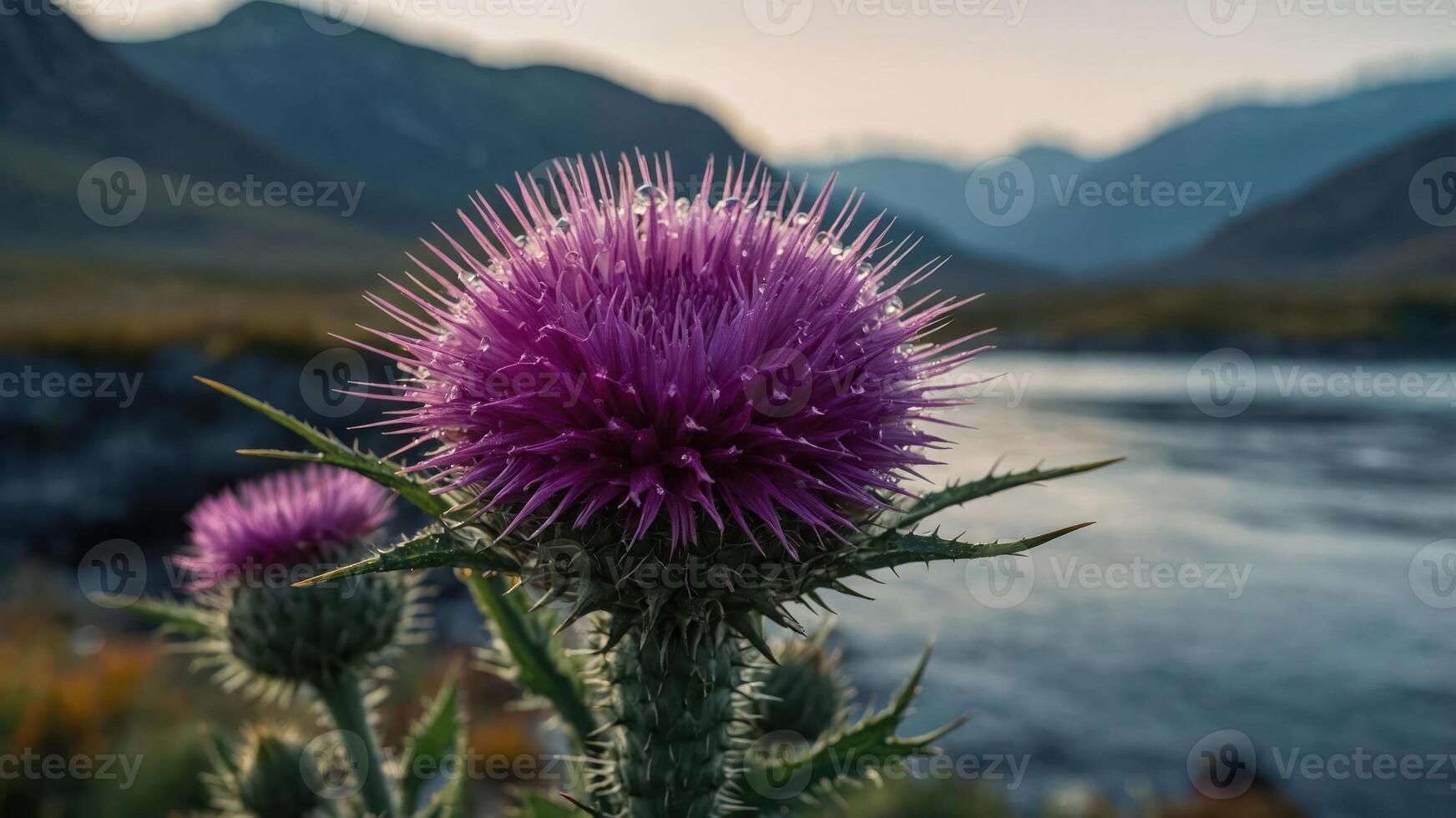 A close-up of a vibrant purple thistle flower by a tranquil river and mountains. photo