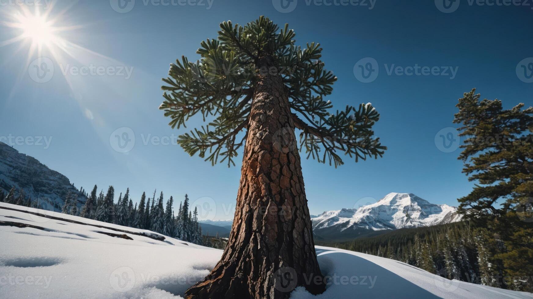 A solitary tree stands in a snowy landscape with mountains and a bright sun in the background. photo